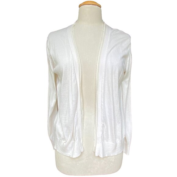 Tommy Bahama Open Front Cardigan Sz M Silk Fringe Trim Coastal Neutral Basic - Picture 11 of 11